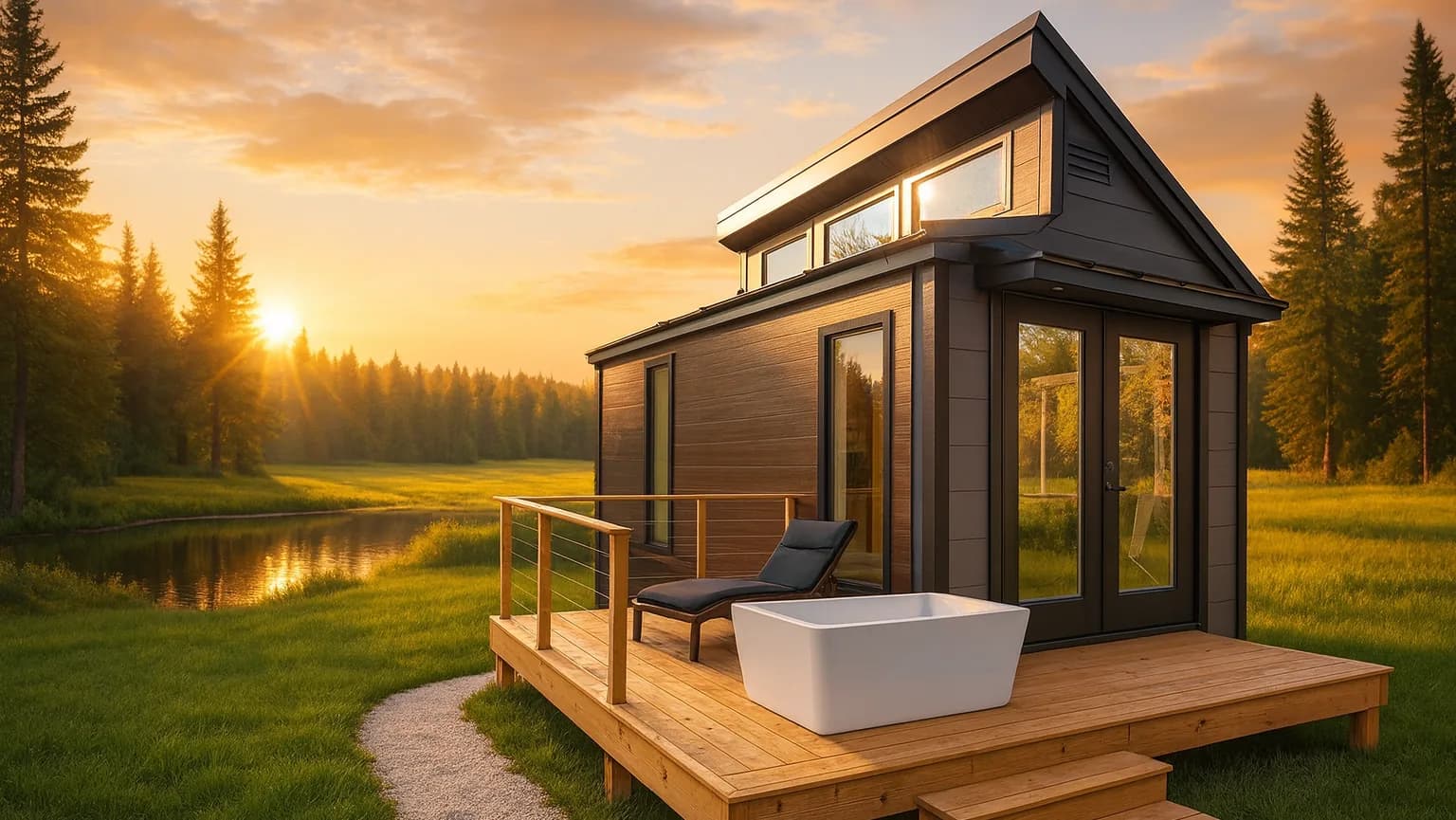 Cinematic widescreen view of the Sauna Haus at sunset by the water