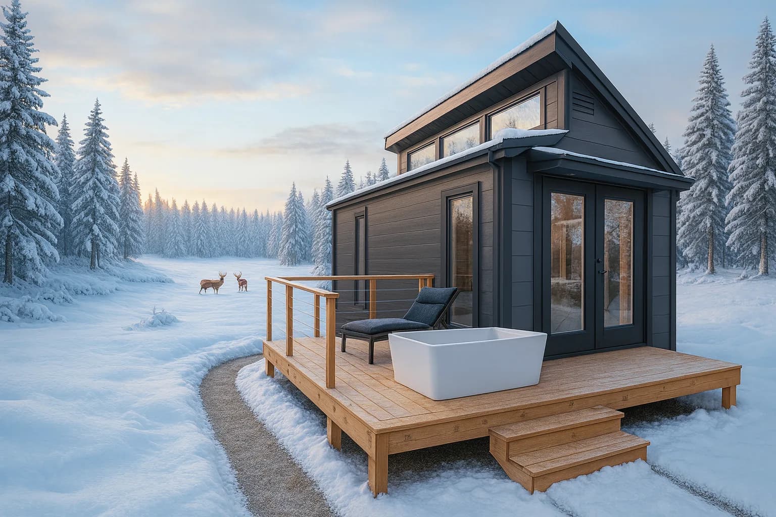 Sauna Haus in a snowy clearing with deer in the distance