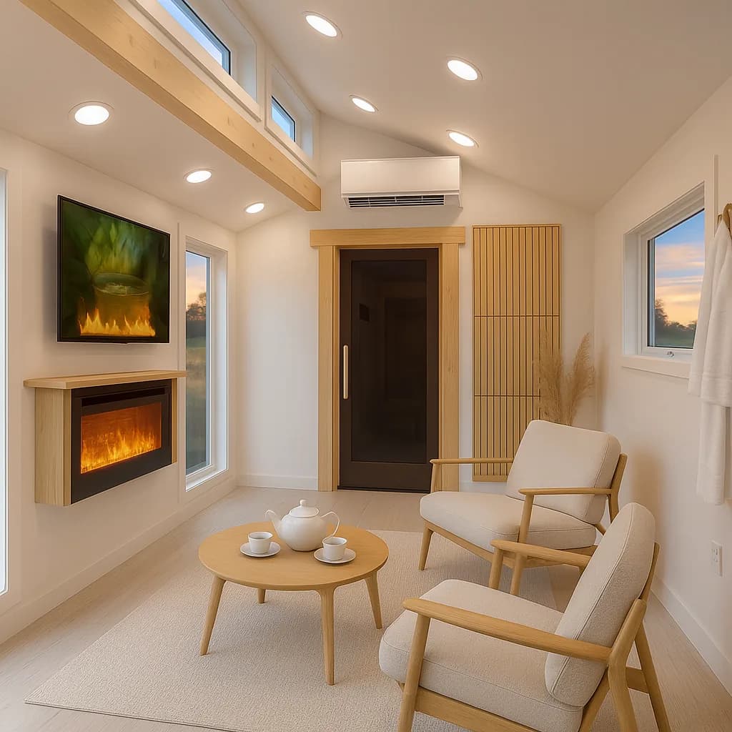 Lounge interior with fireplace, smart TV, and sauna entrance
