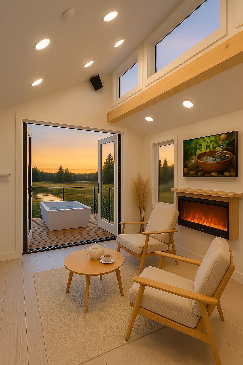 Interior lounge looking out through open glass doors to the cold plunge at sunset