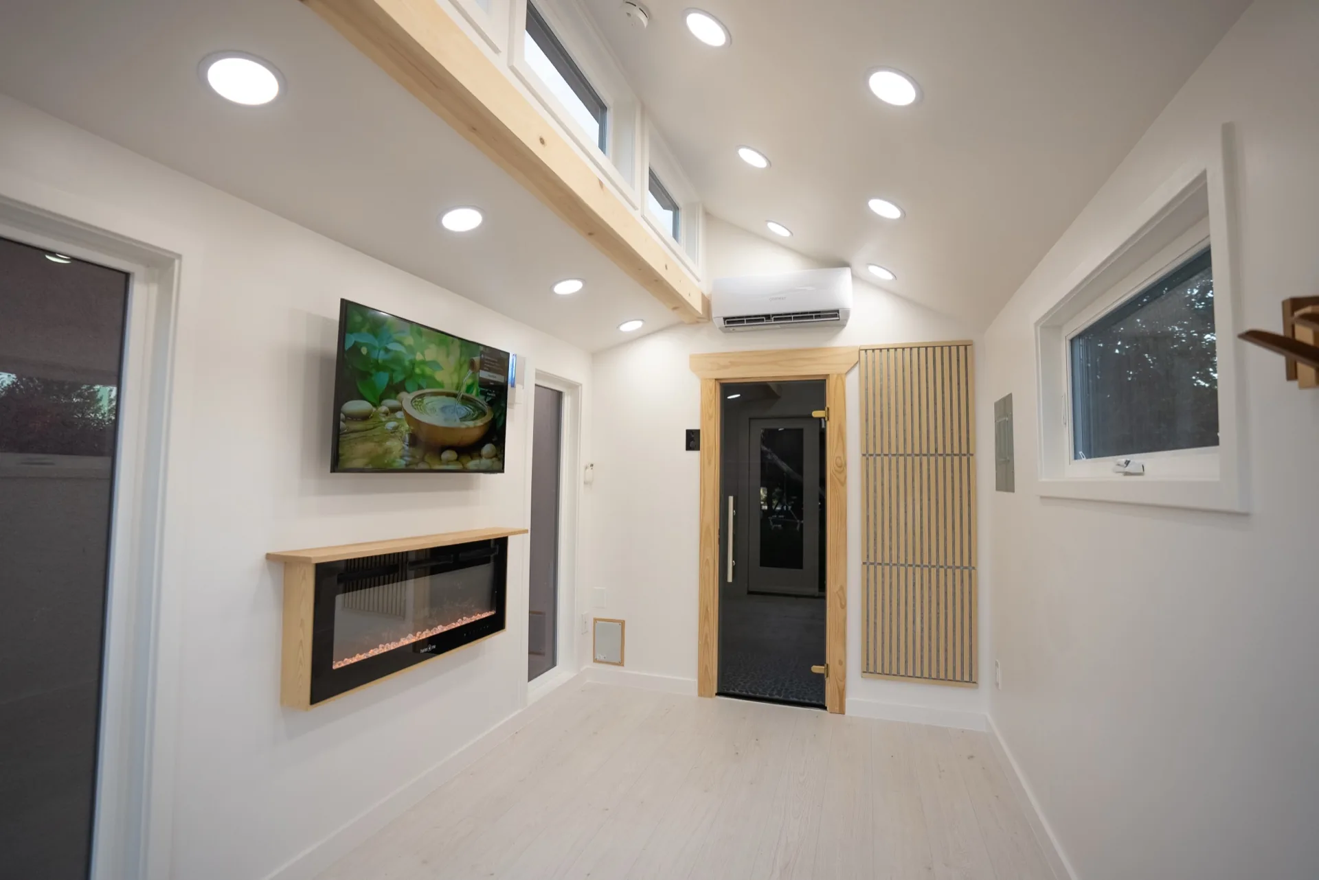 Climate lounge with electric fireplace, smart TV, and sauna door